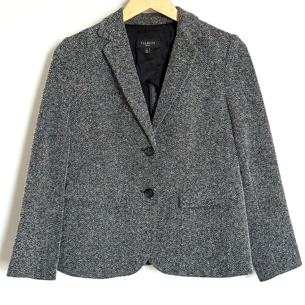 Talbots Black & White Herringbone Tweed Two Button Blazer Medium Petite